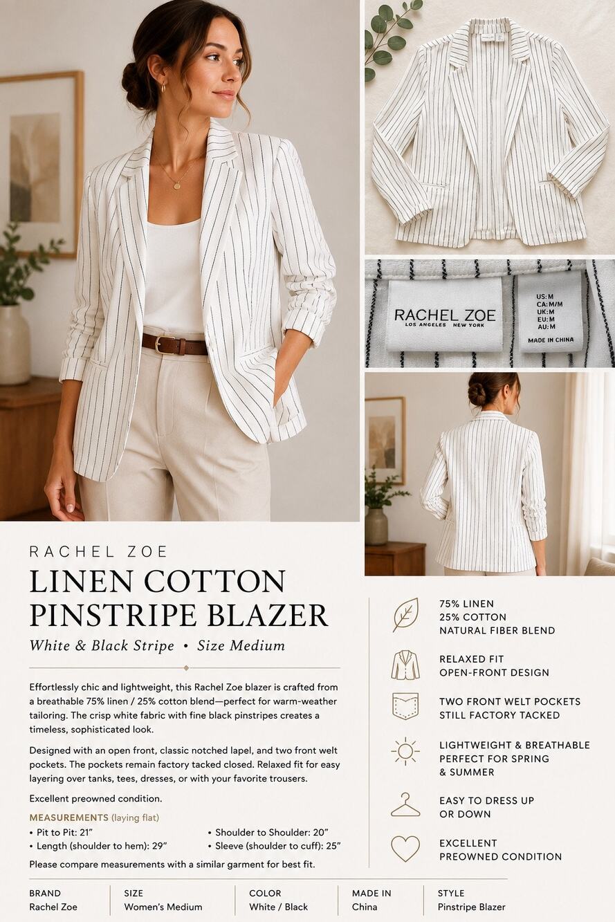 Rachel Zoe Linen Cotton Blazer Sz M White Black Pinstripe Quiet Luxury Coastal